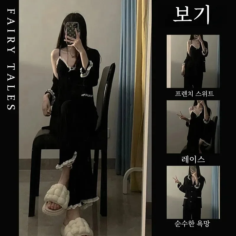 French Pajamas for Women High-Grade Sling Sleepwear 3pcs Sweet Cardigan Trousers Night Wear Spring and Autumn Home Suit 2025
French Pajamas for Women High-Grade Sling Sleepwear 3pcs Sweet Cardigan Trousers Night Wear Spring and Autumn Home Suit 2025