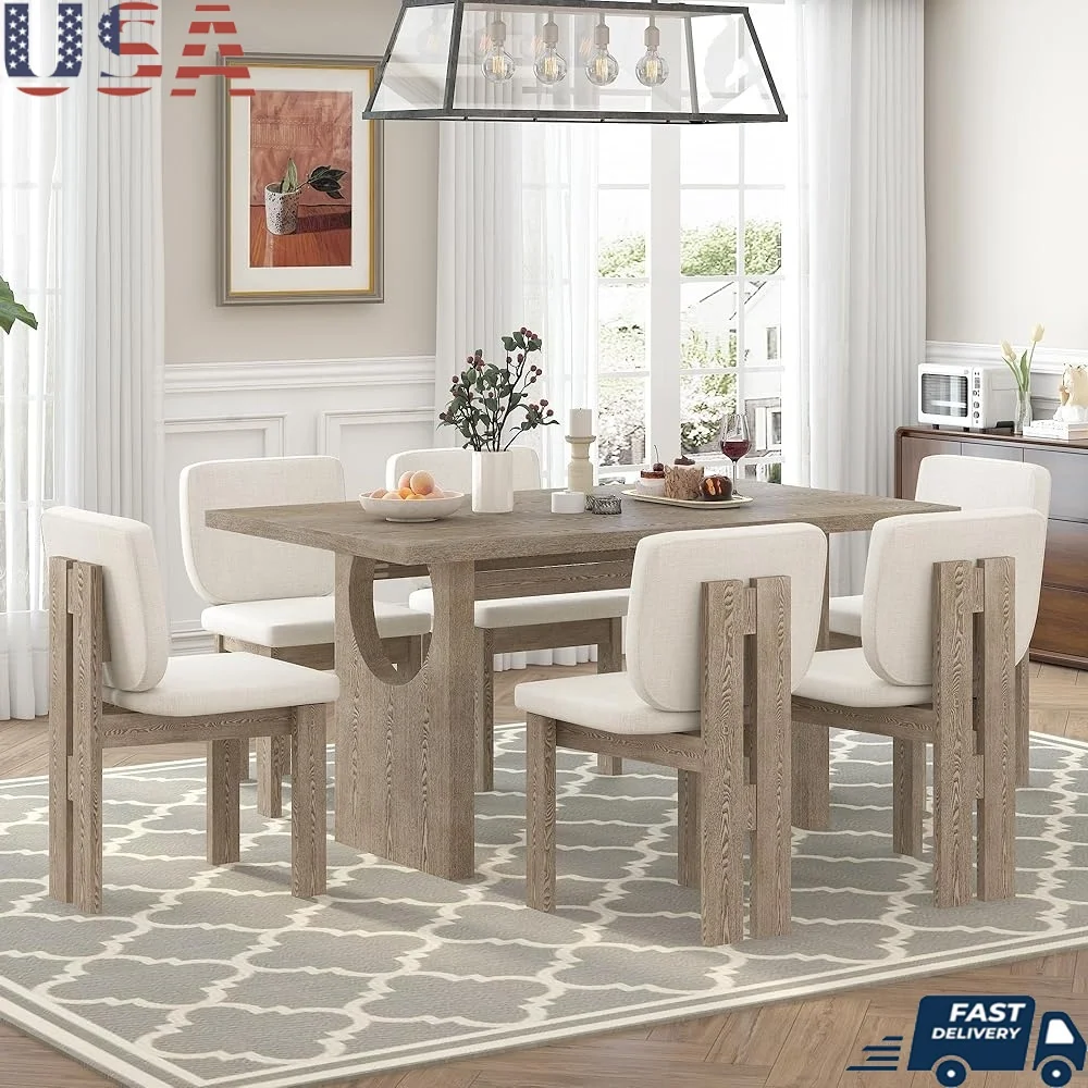 Retro Wood Dining Table Set 6 Upholstered Chairs Geometric Design Kitchen Dining Room Furniture Natural Finish Stable Durable
Retro Wood Dining Table Set 6 Upholstered Chairs Geometric Design Kitchen Dining Room Furniture Natural Finish Stable Durable