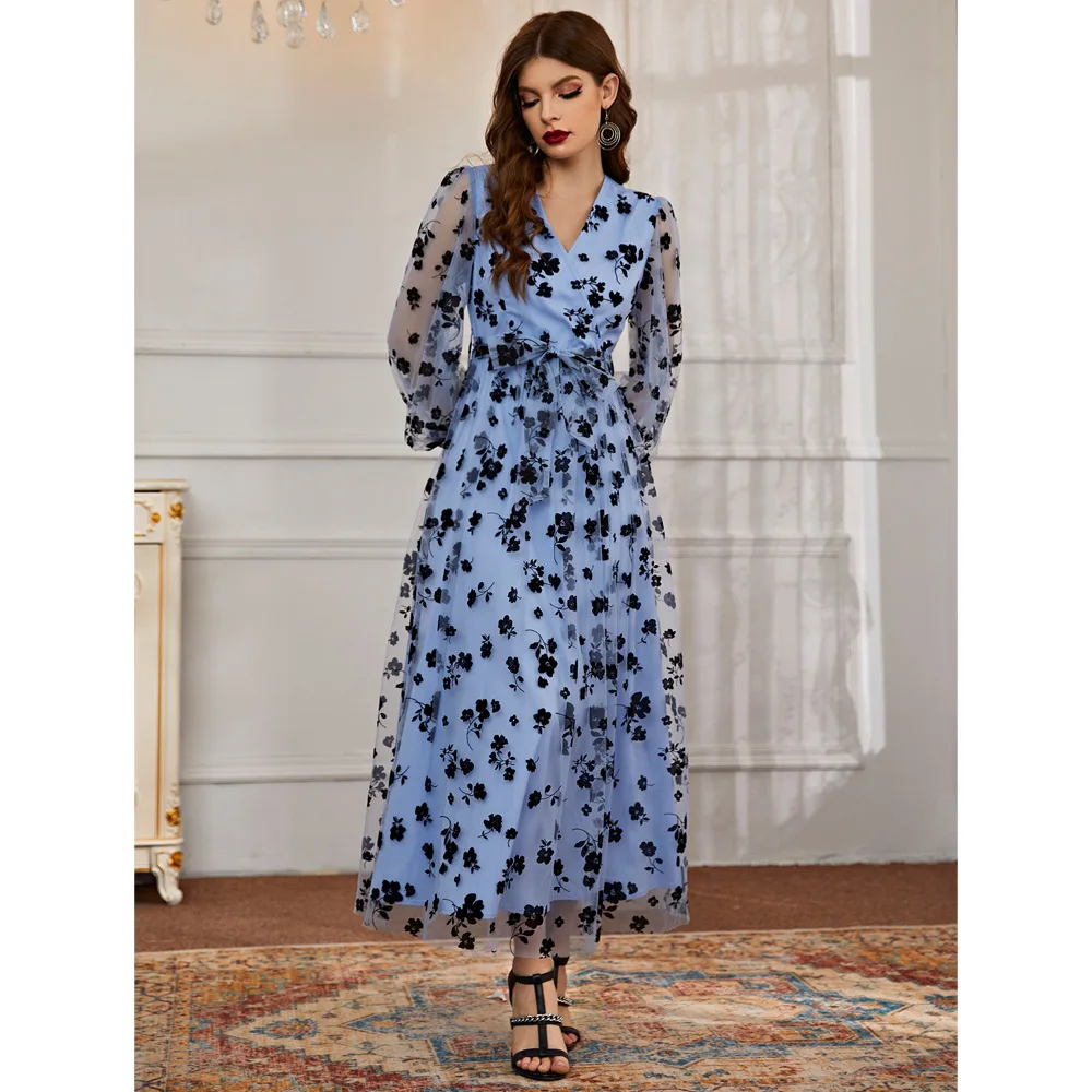 Elegant floral print mesh patchwork wrap dress Sexy women long sleeve v-neck high waist A-line ladies party blue maxi vestido
Elegant floral print mesh patchwork wrap dress Sexy women long sleeve v-neck high waist A-line ladies party blue maxi vestido