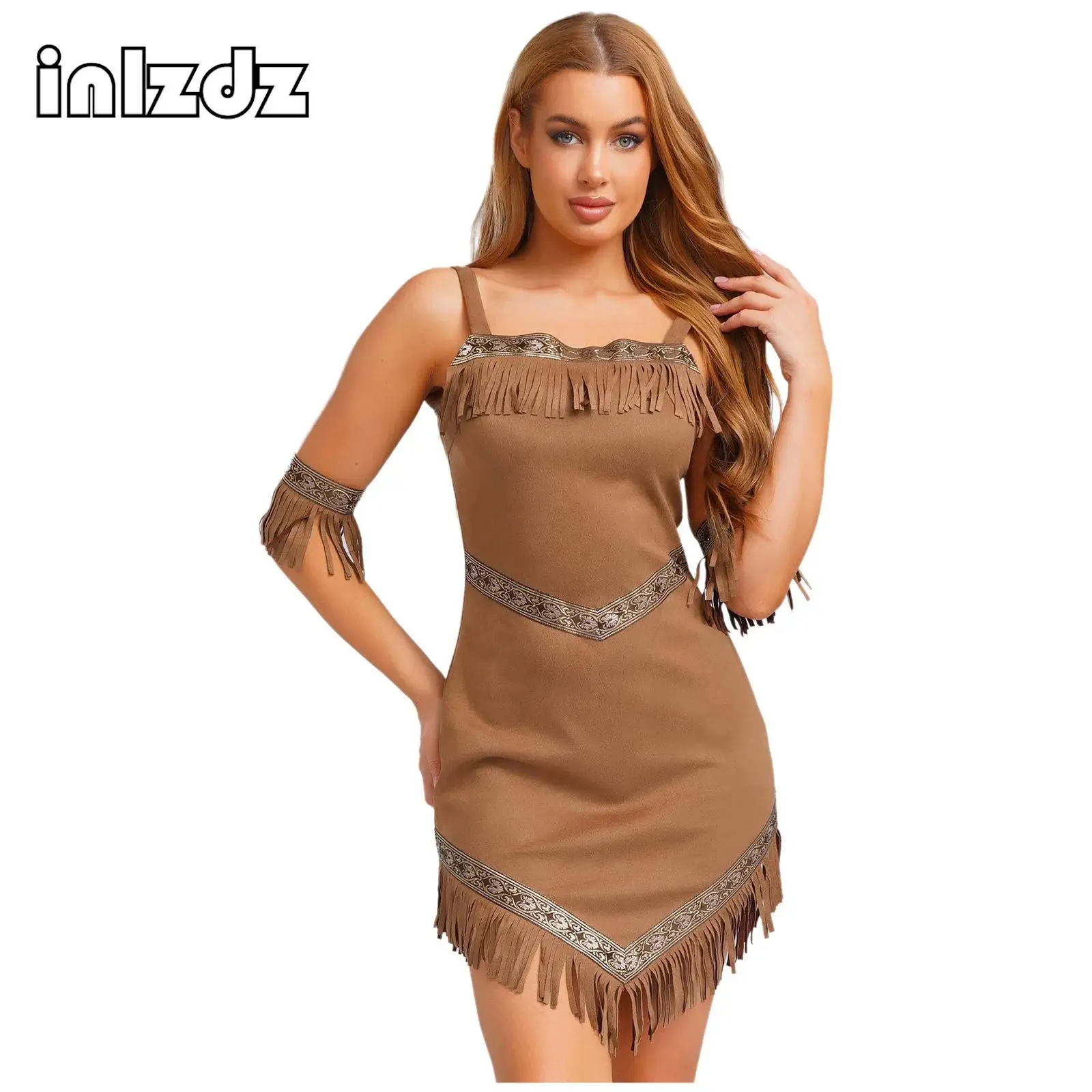 Womens Native Tribe Princess Cosplay Dress with Armbands Retro Pattern Trim Tassel Irregular Hem Sling Dress Faux Suede Costume
Womens Native Tribe Princess Cosplay Dress with Armbands Retro Pattern Trim Tassel Irregular Hem Sling Dress Faux Suede Costume