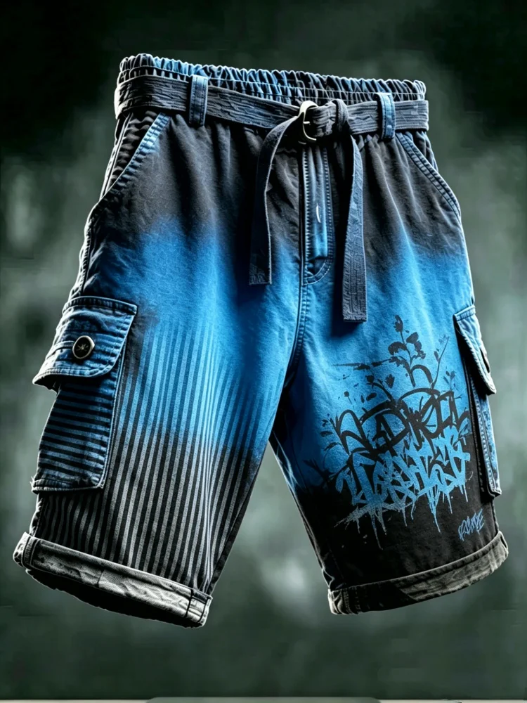 Mens Hip-hop Cargo Shorts Blue Ombre Striped Graffiti Loose Fit Baggy Street Denim Shorts with Belt
Mens Hip-hop Cargo Shorts Blue Ombre Striped Graffiti Loose Fit Baggy Street Denim Shorts with Belt