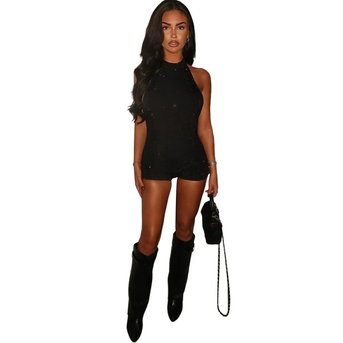 Women's Summer Jumpsuit Halter Neck Backless Romper Black High Waist Short Jumpsuit Sleeveless Bodysuit Sheer Mesh Panel
Women's Summer Jumpsuit Halter Neck Backless Romper Black High Waist Short Jumpsuit Sleeveless Bodysuit Sheer Mesh Panel