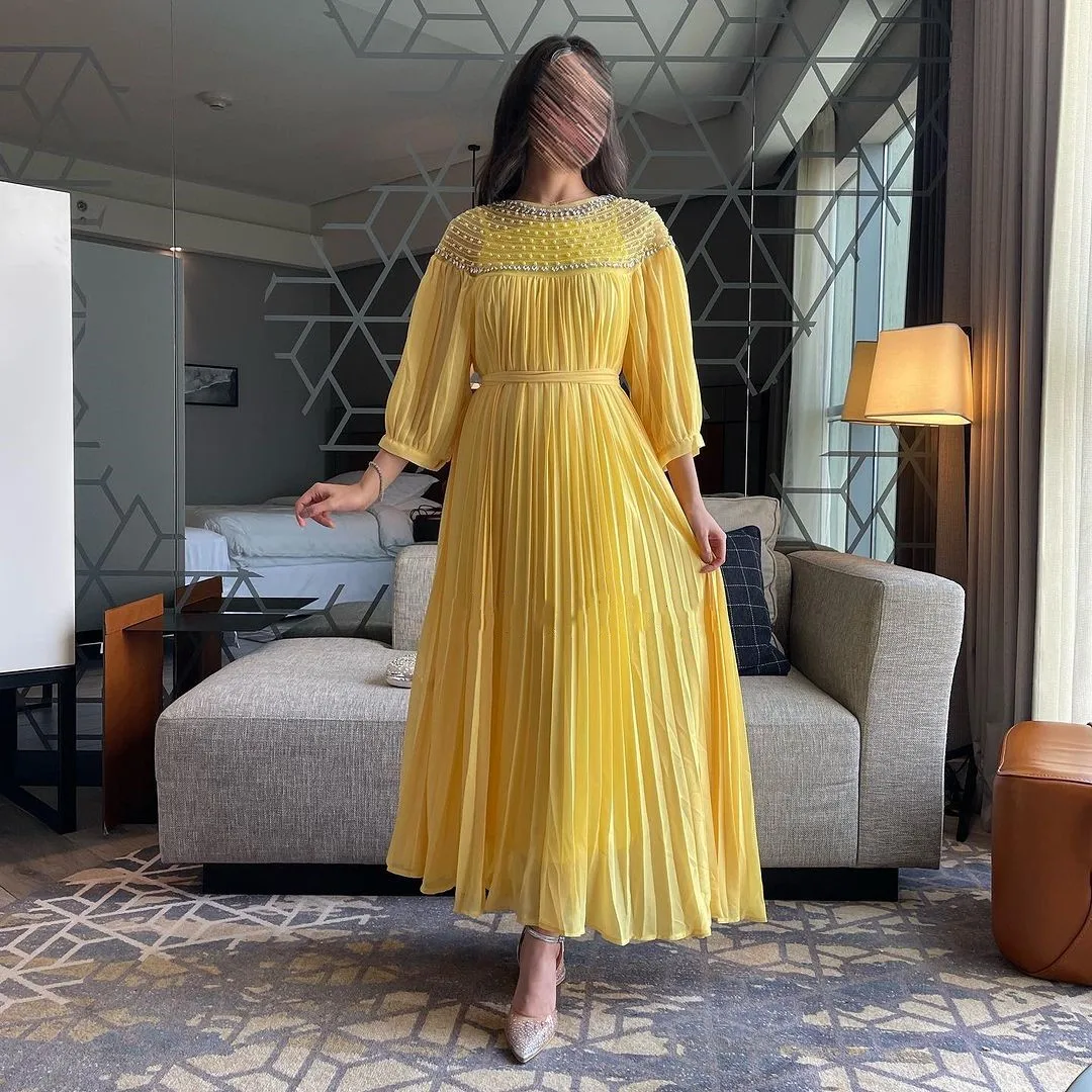 Vintage Long Sleeves Evening Dresses O-Neck Prom Dresses Pleated Beadings Pearls Chiffon Ankle Length Party Dresses Zipper Back
Vintage Long Sleeves Evening Dresses O-Neck Prom Dresses Pleated Beadings Pearls Chiffon Ankle Length Party Dresses Zipper Back