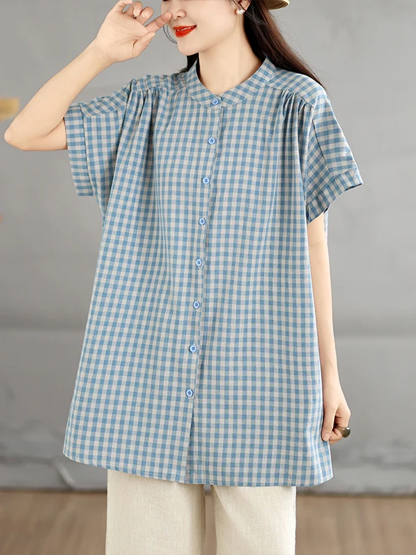 Blue Plaid Loose Fit Shirt Stand Collar round Neck Vintage Artistic Women's plus Size Spring Summer New Style Casual Top
Blue Plaid Loose Fit Shirt Stand Collar round Neck Vintage Artistic Women's plus Size Spring Summer New Style Casual Top