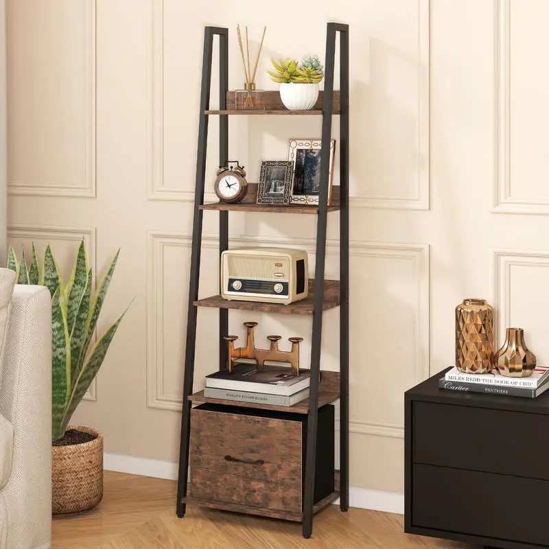 5-Tier Ladder Bookshelf with Fabric Drawer for Living Room and Home Office-Rustic Brown
5-Tier Ladder Bookshelf with Fabric Drawer for Living Room and Home Office-Rustic Brown