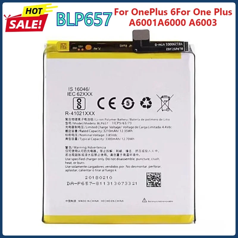 3.8V 3210mAh BLP657 Phone Battery For OnePlus 6 One Plus A6001 A6000 A6003 High Quality Replacement Batteries
3.8V 3210mAh BLP657 Phone Battery For OnePlus 6 One Plus A6001 A6000 A6003 High Quality Replacement Batteries