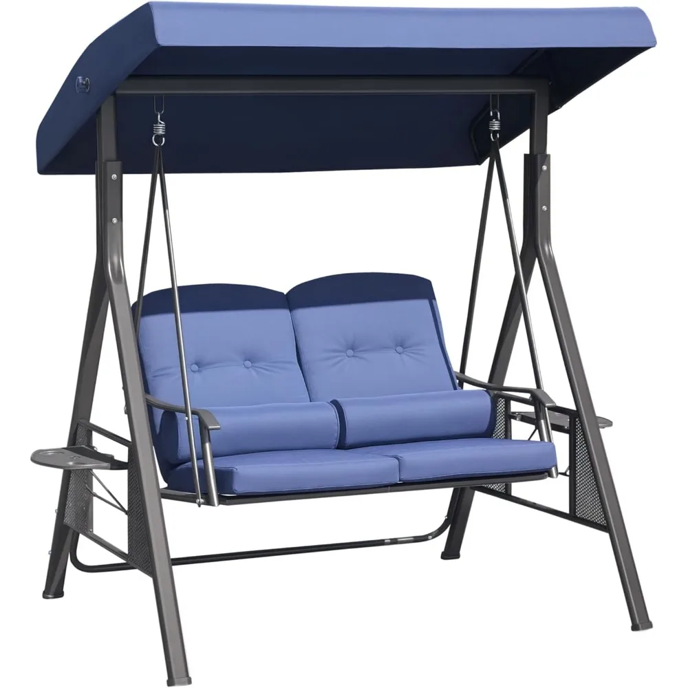 2-Person Patio Swing Bench with Adjustable Shade Canopy, Soft Cushions, Throw Pillows and Tray, Dark Blue 
2-Person Patio Swing Bench with Adjustable Shade Canopy, Soft Cushions, Throw Pillows and Tray, Dark Blue
