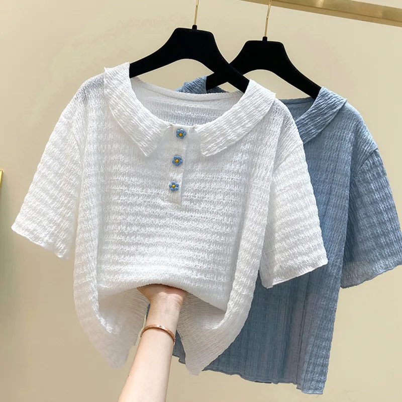 Doornot Oversized Shirring Blouse Women Summer Loose Vintage Peter Pan Collar Shirts Short Sleeve Blue White Large Tops Female
Doornot Oversized Shirring Blouse Women Summer Loose Vintage Peter Pan Collar Shirts Short Sleeve Blue White Large Tops Female