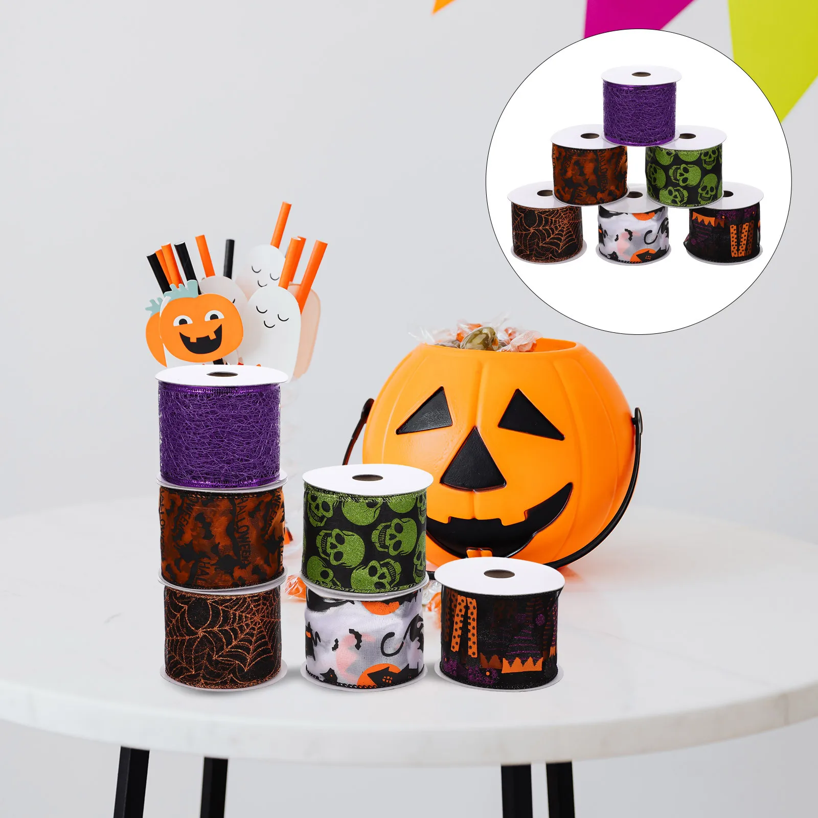 6 Rolls Gift Wrapping Ribbon Set Halloween Printed Wired Ribbon for DIY Garland Floral Projects Bow Making Decoration
6 Rolls Gift Wrapping Ribbon Set Halloween Printed Wired Ribbon for DIY Garland Floral Projects Bow Making Decoration