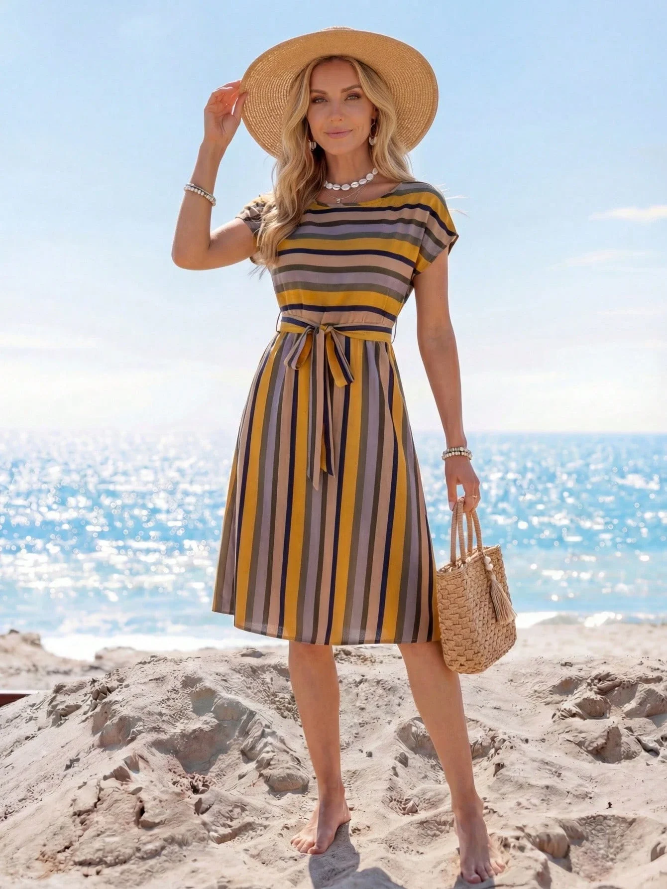 Striped Print Belted Midi Dress For Women
Striped Print Belted Midi Dress For Women