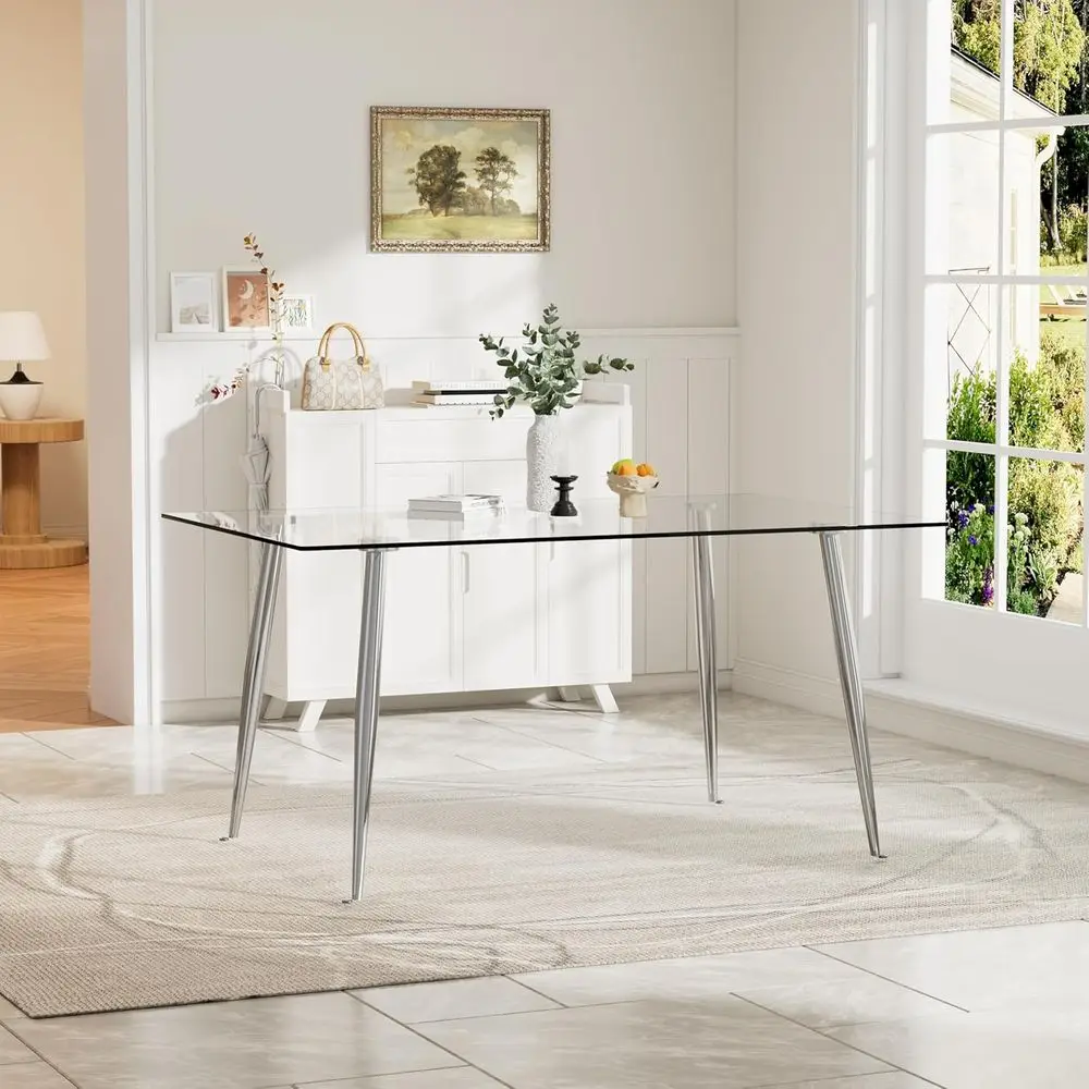 Современный обеденный стол из прозрачного закаленного стекла 51 см с 4 серебристыми металлическими стульями для домашней столовой
Современный обеденный стол из прозрачного закаленного стекла 51 см с 4 серебристыми металлическими стульями для домашней столовой
