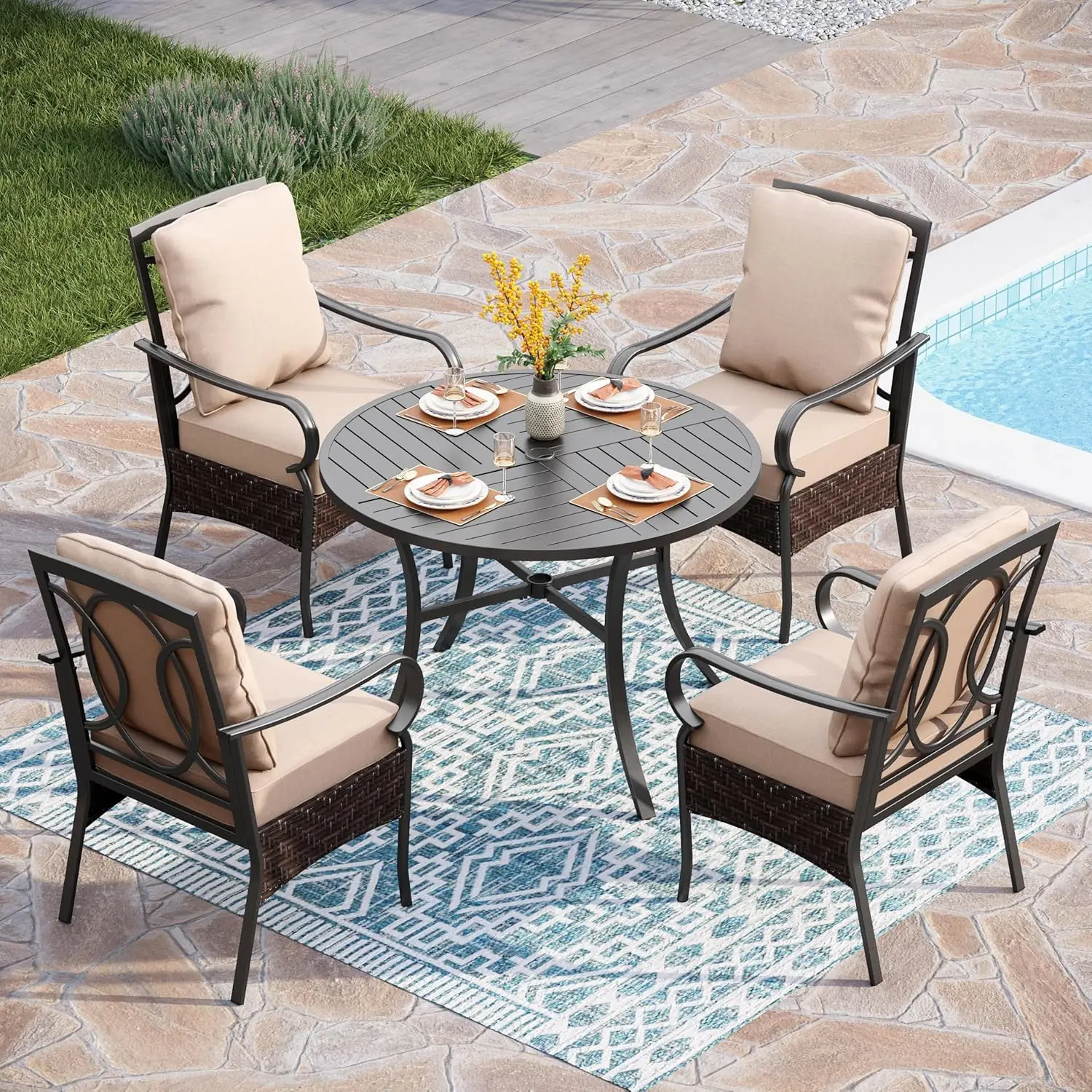 5-Piece Outdoor Dining Set, All-Weather Patio Table & 4 Extra Large Metal Wicker Chairs with Thick Cushions for Deck, Customized
5-Piece Outdoor Dining Set, All-Weather Patio Table & 4 Extra Large Metal Wicker Chairs with Thick Cushions for Deck, Customized
