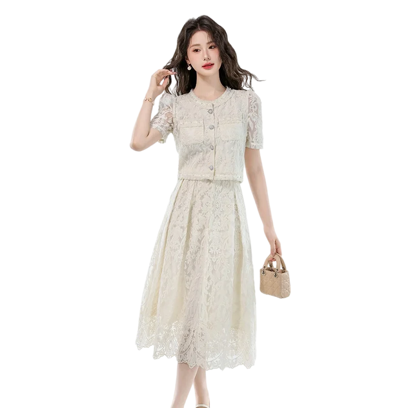 Embroidered Short Sleeved Shirt with High Waist and Large Swing Skirt, Lace Two-piece Set Dress, Elegant French Women's Clothing
Embroidered Short Sleeved Shirt with High Waist and Large Swing Skirt, Lace Two-piece Set Dress, Elegant French Women's Clothing