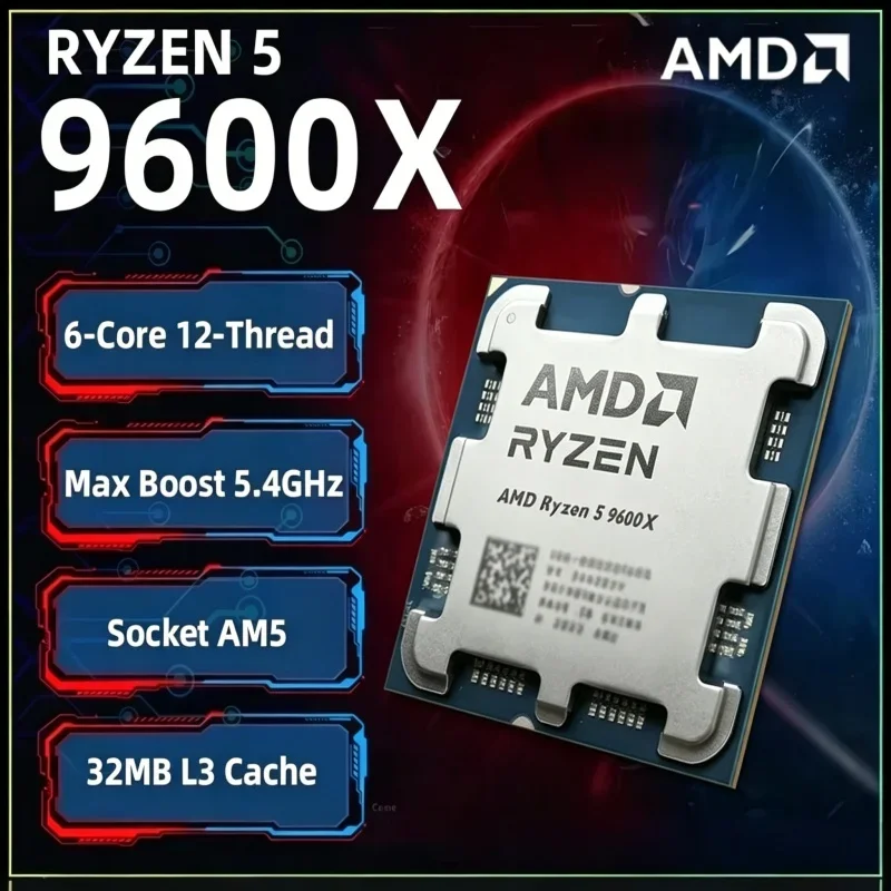 AMD Ryzen 5 9600X Loose CPU 6 Cores 12 Threads Max Boost 5.4GHz 32MB L3 Cache AM5 Socket Compatible with B850 ,X870 Motherboards
AMD Ryzen 5 9600X Loose CPU 6 Cores 12 Threads Max Boost 5.4GHz 32MB L3 Cache AM5 Socket Compatible with B850 ,X870 Motherboards