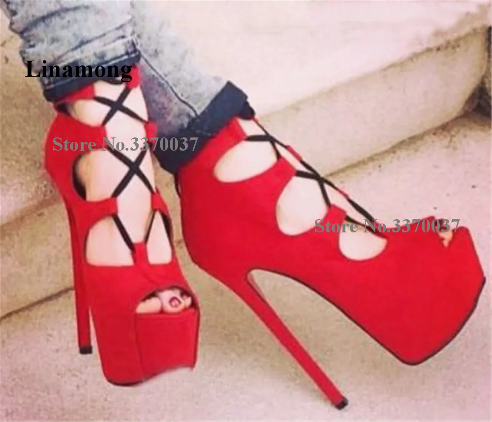 Linamong Fashion Red Black Suede Strappy Stiletto Heel Gladiator Sandals Peep Toe Lace-up High Platform Thin Heel Party Shoes
Linamong Fashion Red Black Suede Strappy Stiletto Heel Gladiator Sandals Peep Toe Lace-up High Platform Thin Heel Party Shoes