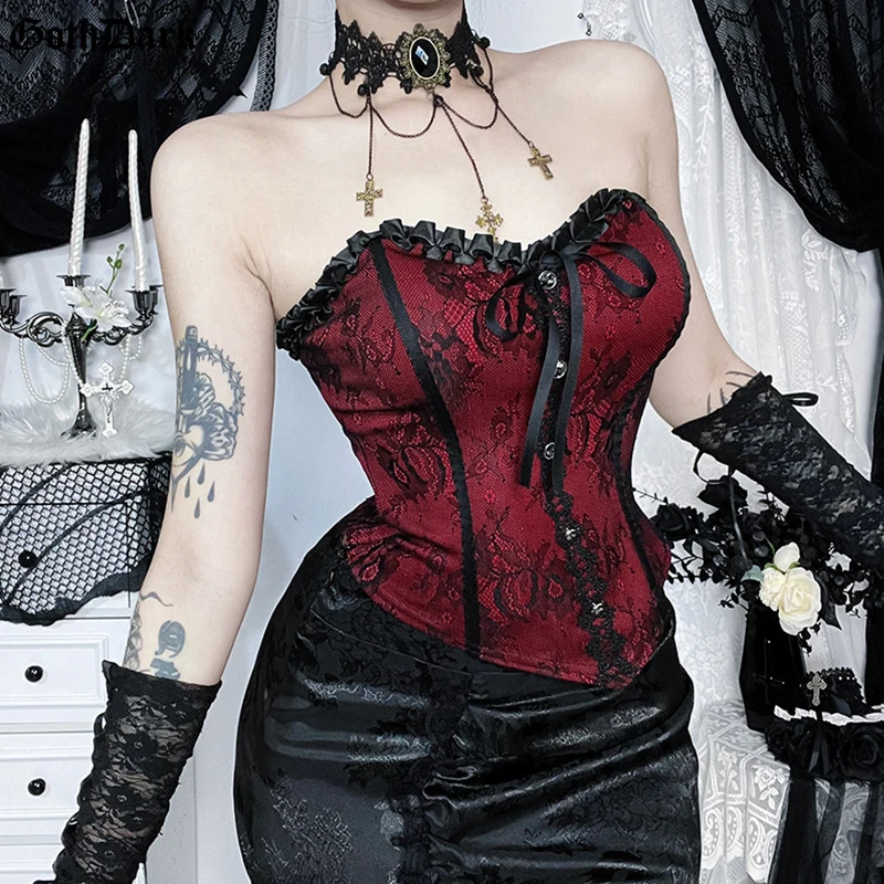 Goth Dark Gothic Strapless Corset Tops for Women Wrapped Chest Sexy Backless Lace Trim Bustier Top Cyber Y2K Mall Goth Outfits
Goth Dark Gothic Strapless Corset Tops for Women Wrapped Chest Sexy Backless Lace Trim Bustier Top Cyber Y2K Mall Goth Outfits