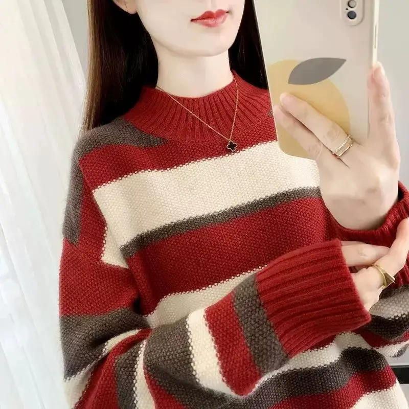 Striped Pullover Sweater For Women Casual Autumn Winter Loose Fit Mock Neck Knitted Top
Striped Pullover Sweater For Women Casual Autumn Winter Loose Fit Mock Neck Knitted Top