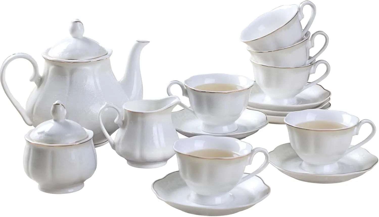 15-Piece Porcelain Tea Set with Gold Trim, Off White Embossed, for Adults
15-Piece Porcelain Tea Set with Gold Trim, Off White Embossed, for Adults