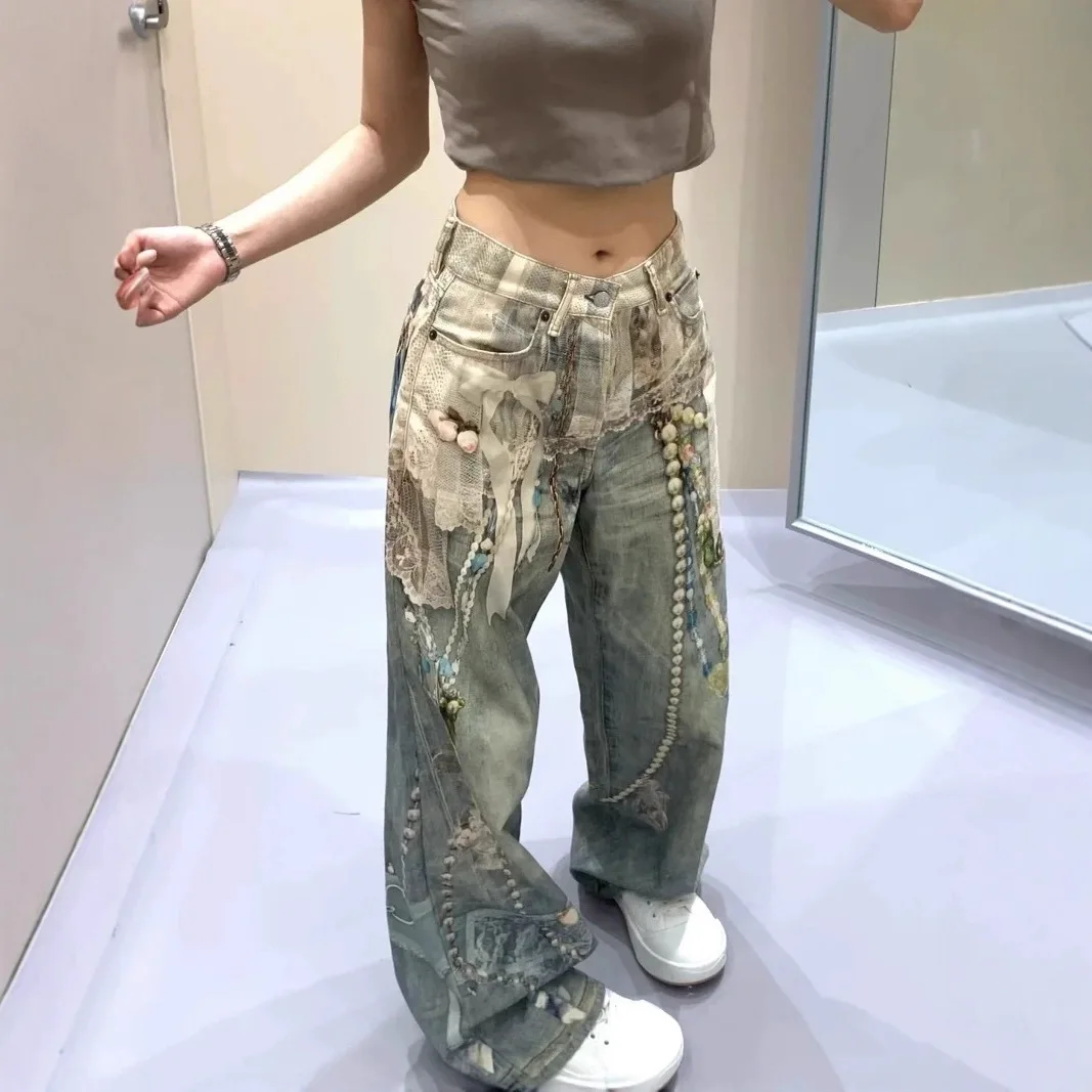 Trendy 3D Printed Lace Pearl Jeans Women Straight Leg Pants with Chain Design y2k jeans print
Trendy 3D Printed Lace Pearl Jeans Women Straight Leg Pants with Chain Design y2k jeans print