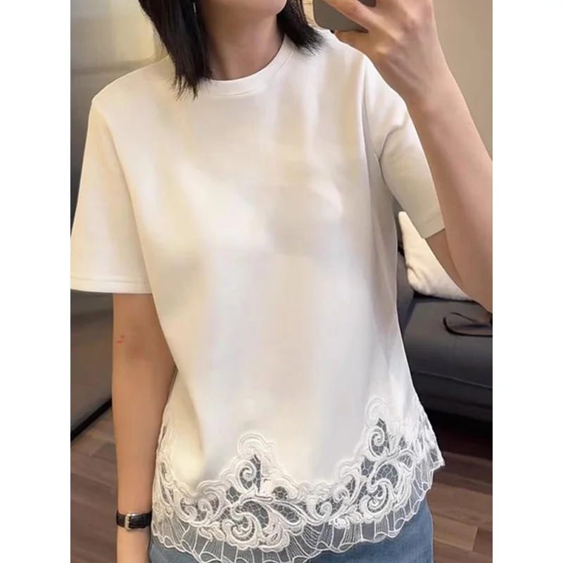 Plus size, beautiful hollowed out top with water-soluble lace splicing, summer T-shirt weighing 240 pounds, loose 3508
Plus size, beautiful hollowed out top with water-soluble lace splicing, summer T-shirt weighing 240 pounds, loose 3508