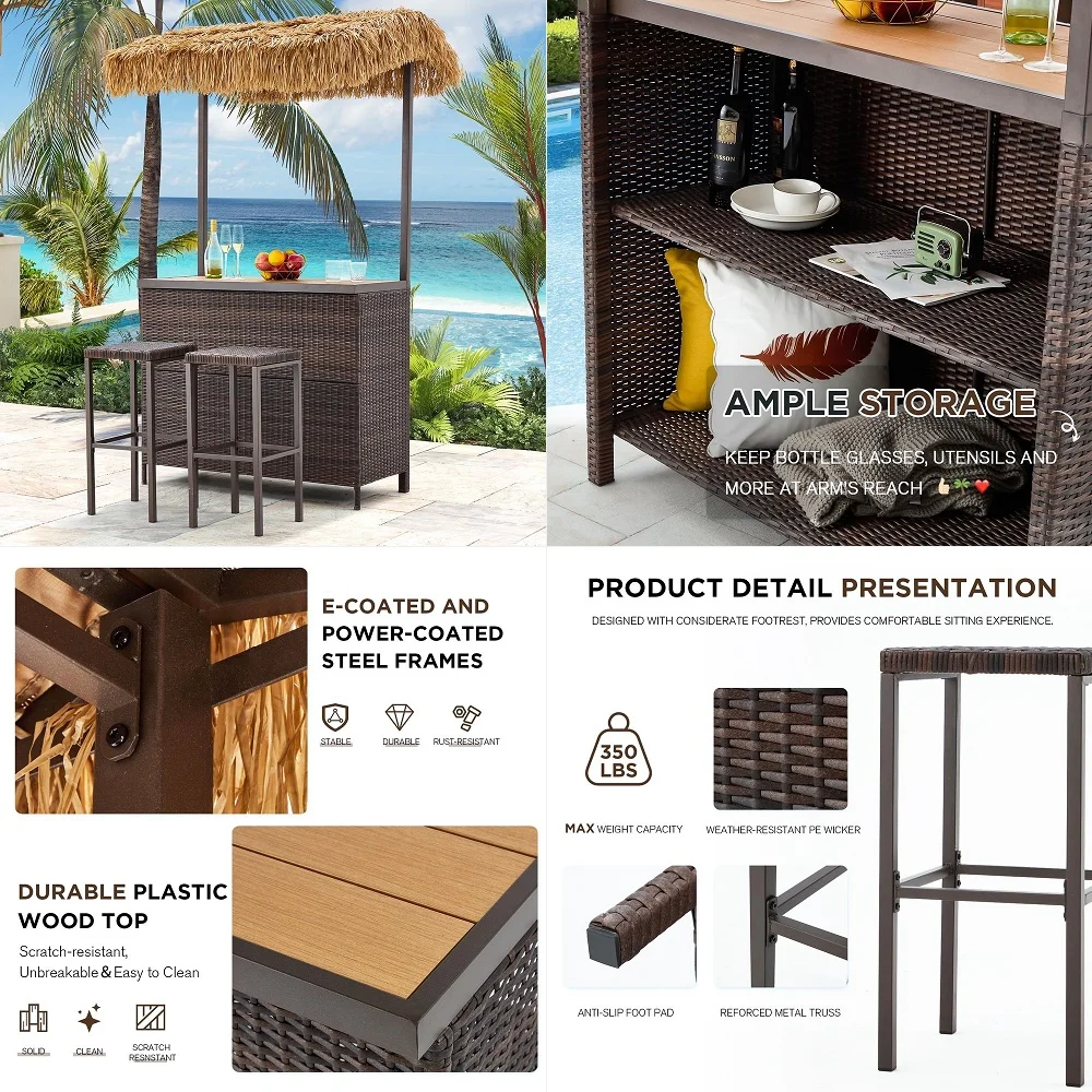 Outdoor Tiki Bar Set, 3 Pieces Wicker Patio Bar Set w 2 Height Stools, Storage Shelf, Canopy, Plastic Wood Tabletop for Backyar
Outdoor Tiki Bar Set, 3 Pieces Wicker Patio Bar Set w 2 Height Stools, Storage Shelf, Canopy, Plastic Wood Tabletop for Backyar
