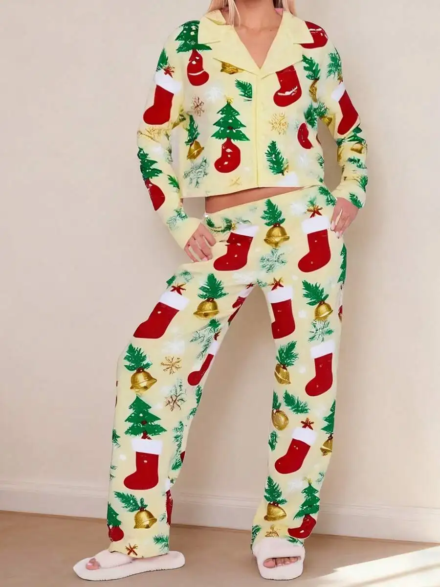 Women Christmas Print Pajama Set Long Sleeve Button Up Top Elastic Waist Pants
Women Christmas Print Pajama Set Long Sleeve Button Up Top Elastic Waist Pants
