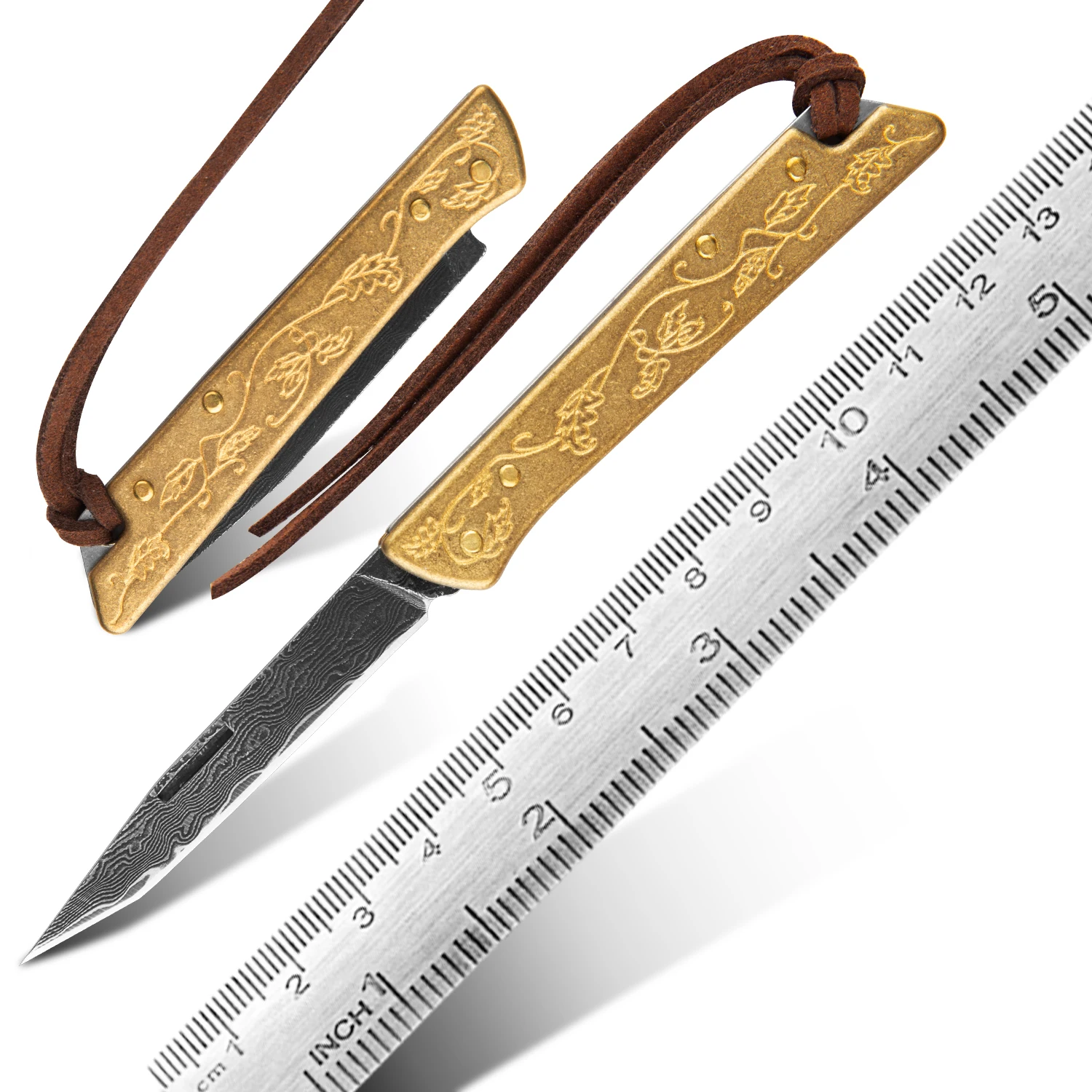 Mini Keychain Folding Knife Damascus Steel Blade Copper Carved Handle EDC Small Pocket Knives for Letter Parcel Open Peeler Gift
Mini Keychain Folding Knife Damascus Steel Blade Copper Carved Handle EDC Small Pocket Knives for Letter Parcel Open Peeler Gift