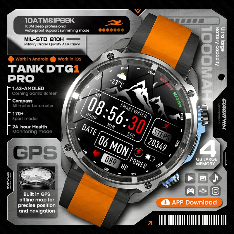 New Military Accurate GNSS GPS Smart Watch 4GB Memory BT Call 1000mAh Battery 10ATM Waterproof Men Outdoor X-sports Smartwatches
New Military Accurate GNSS GPS Smart Watch 4GB Memory BT Call 1000mAh Battery 10ATM Waterproof Men Outdoor X-sports Smartwatches