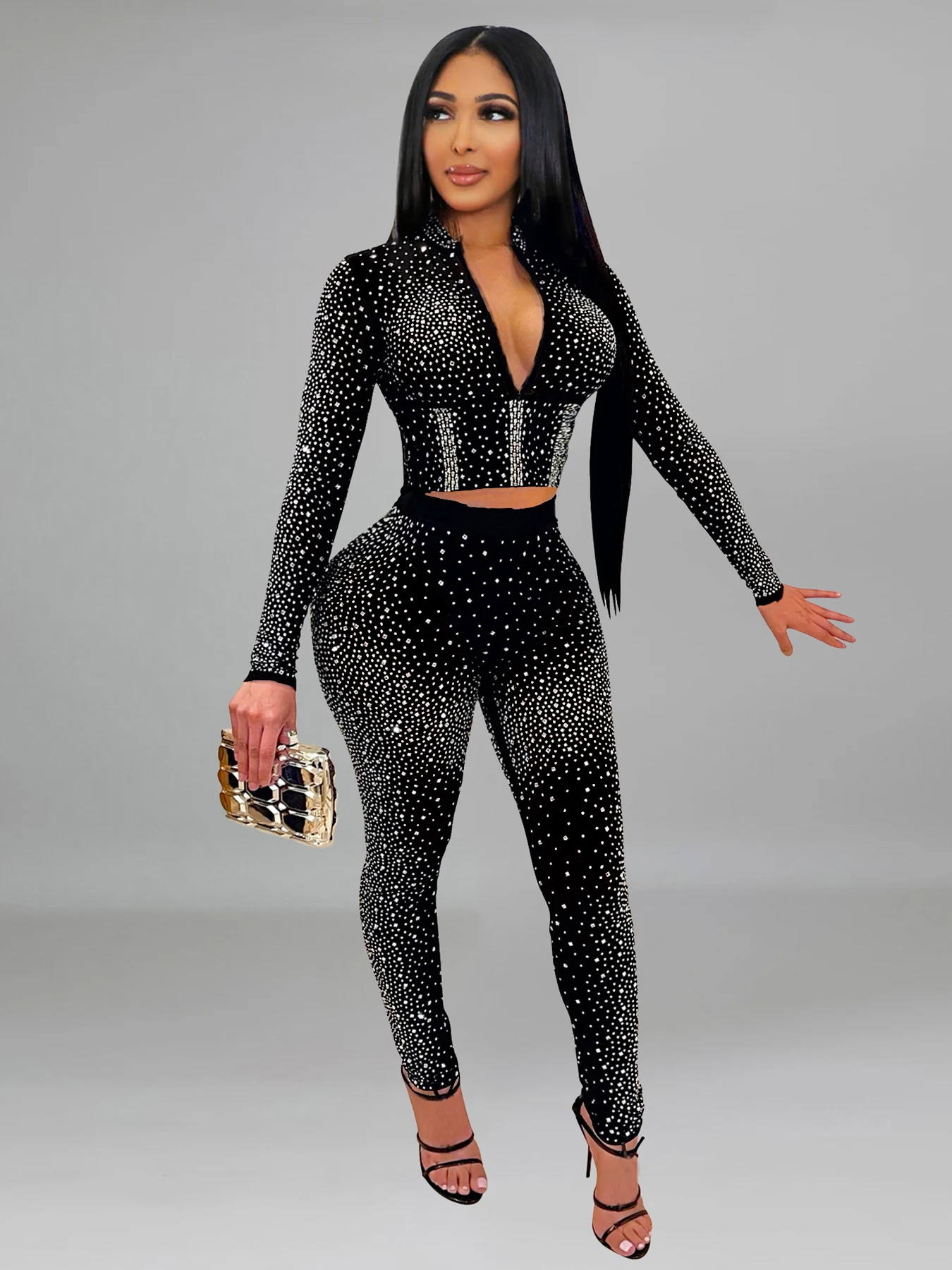Ladies' tight fitting diamond studded pants set sexy deep V-neck long sleeved waist cinching commuting versatile two-piece set
Ladies' tight fitting diamond studded pants set sexy deep V-neck long sleeved waist cinching commuting versatile two-piece set