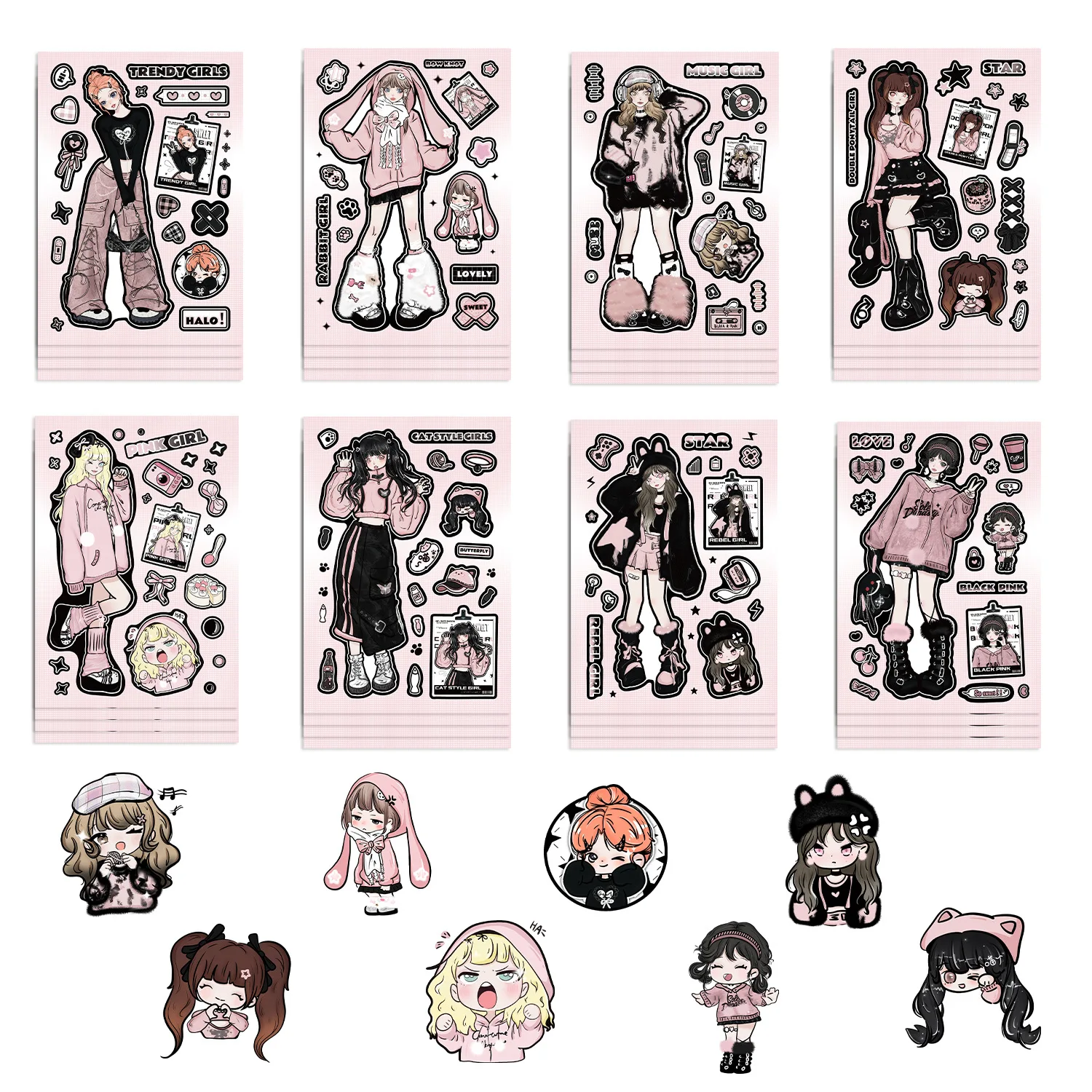 8 Sheets Cartoon Black Pink Girl Stickers Guka Collage DIY Hand Account Phone Case Notebook Waterproof Decals
8 Sheets Cartoon Black Pink Girl Stickers Guka Collage DIY Hand Account Phone Case Notebook Waterproof Decals