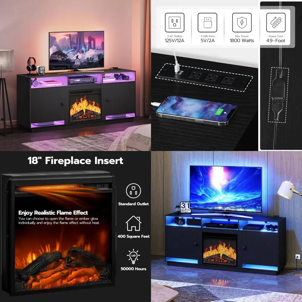 Contemporary Electric Fireplace TV Stand with USB Charging and LED Lighting, Black Media Console for 32-65 Inch TVs
Contemporary Electric Fireplace TV Stand with USB Charging and LED Lighting, Black Media Console for 32-65 Inch TVs