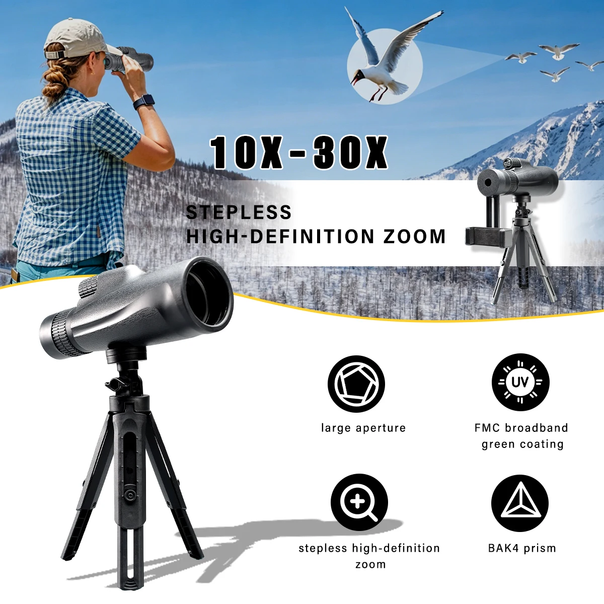 10-30x50 Monocular Telescope with Tripod Large Aperture BAK4 Prism Portable Telescope for Bird Concert Watching Outdoor Travel
10-30x50 Monocular Telescope with Tripod Large Aperture BAK4 Prism Portable Telescope for Bird Concert Watching Outdoor Travel