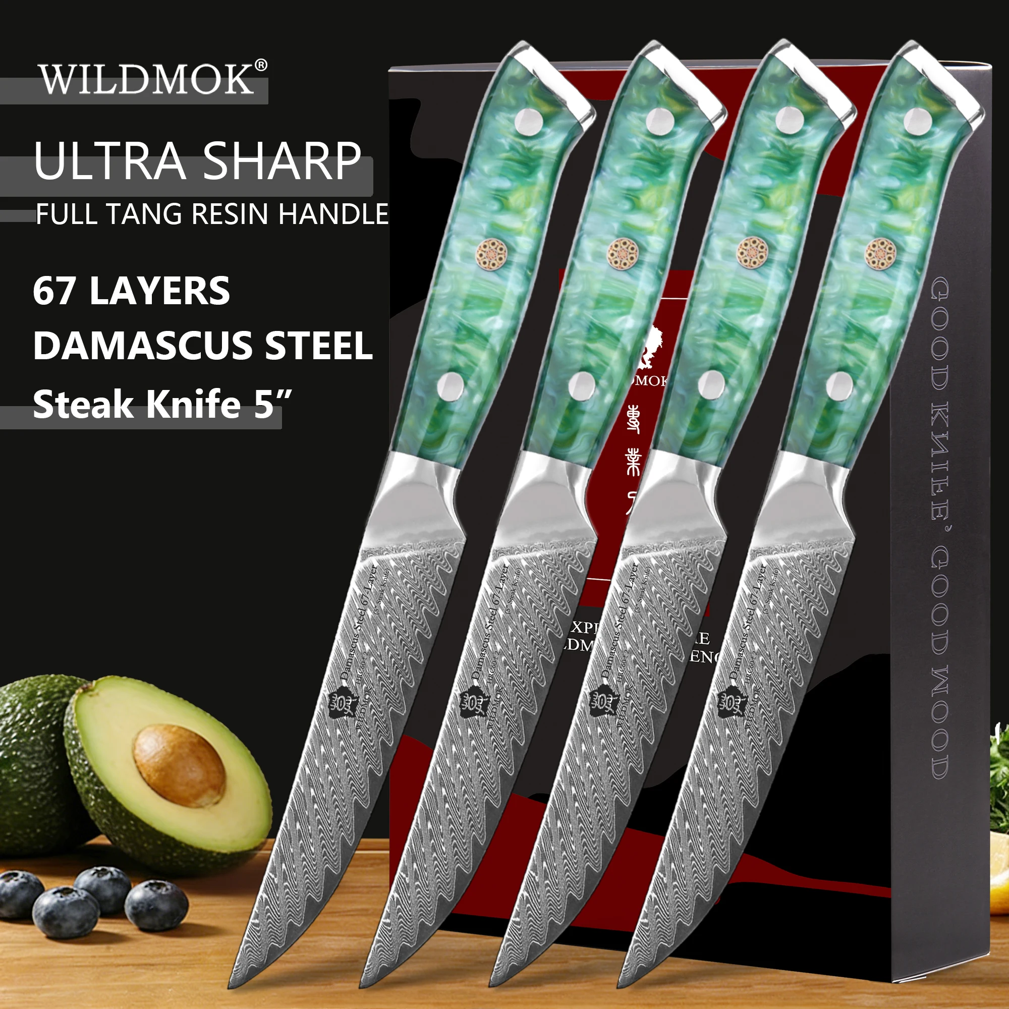 WILDMOK 5 Inch Non Serrated Steak Knife Set of 4, 67 Layers VG10 Damascus Steel Premium Green Resin Handle Dinner Cutlery
WILDMOK 5 Inch Non Serrated Steak Knife Set of 4, 67 Layers VG10 Damascus Steel Premium Green Resin Handle Dinner Cutlery