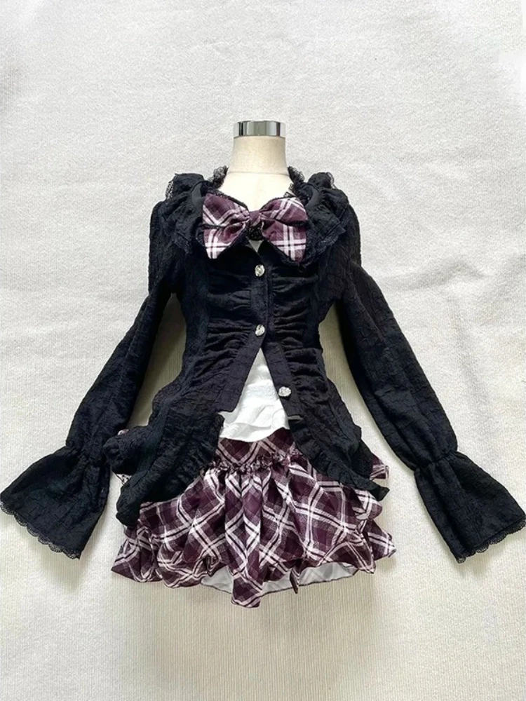 Японский готический винтажный элегантный женский комплект из 3 предметов Y2k, черный дизайнерский кардиган + шикарные топы + клетчатые юбки, новая модная одежда в стиле ретро 
Японский готический винтажный элегантный женский комплект из 3 предметов Y2k, черный дизайнерский кардиган + шикарные топы + клетчатые юбки, новая модная одежда в стиле ретро
