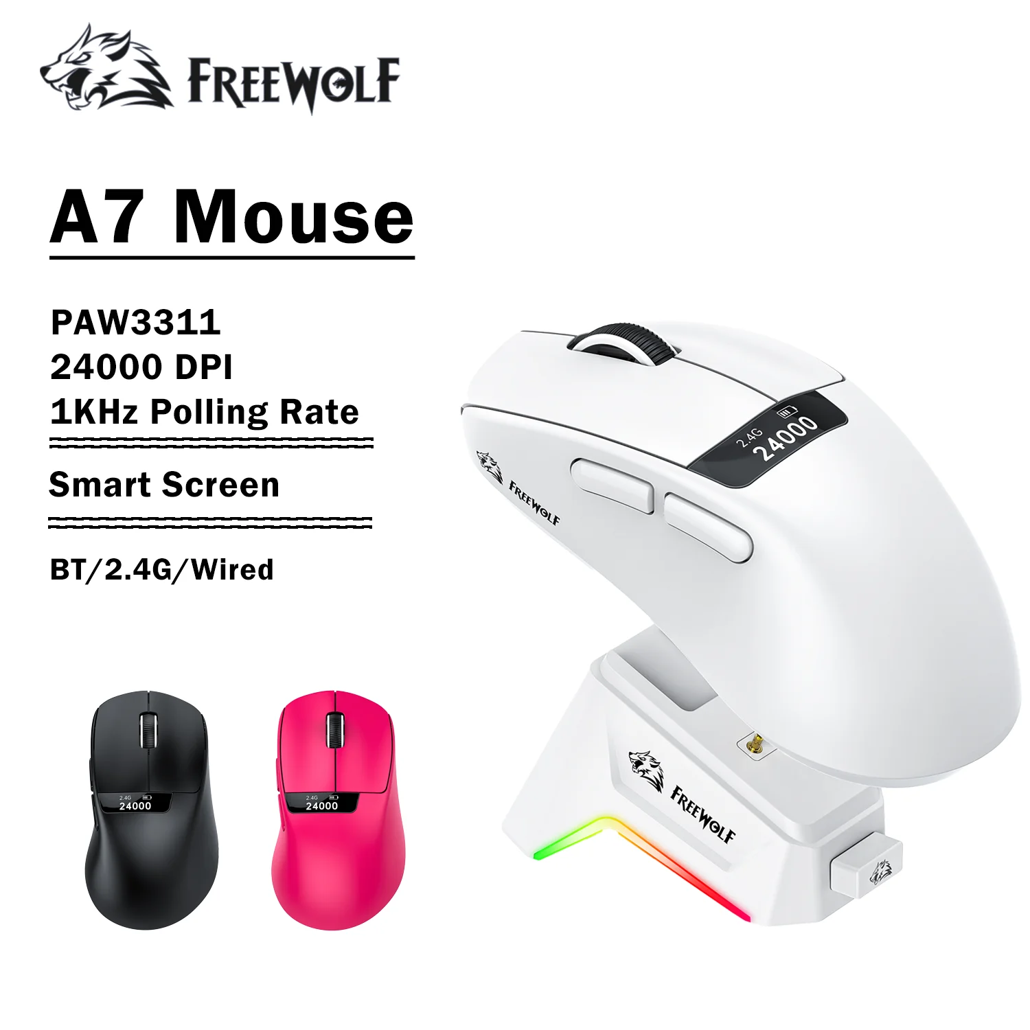 FREEWOLF A7 Wireless Gaming Mouse 59g Lightweight Tri-Mode RGB Dock PAW3311 Sensor Smart Display 24000DPI Ergonomic
FREEWOLF A7 Wireless Gaming Mouse 59g Lightweight Tri-Mode RGB Dock PAW3311 Sensor Smart Display 24000DPI Ergonomic