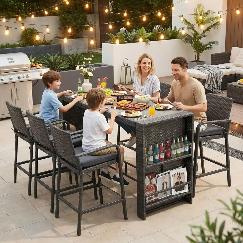Gray 7-Piece Outdoor Patio Bar Set with Wicker High Top Table, 6 Cushioned Chairs, and Storage Shelves
Gray 7-Piece Outdoor Patio Bar Set with Wicker High Top Table, 6 Cushioned Chairs, and Storage Shelves