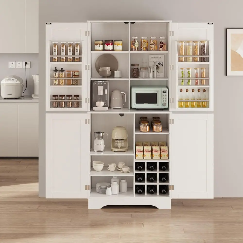 White 71 Tall Wooden Kitchen Pantry Cabinet with Adjustable Shelves, Built-in Wine Rack & 6 Door Shelves for Kitchen or Dining A
White 71 Tall Wooden Kitchen Pantry Cabinet with Adjustable Shelves, Built-in Wine Rack & 6 Door Shelves for Kitchen or Dining A