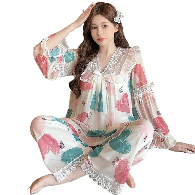 Women's Spring and Autumn Long-sleeved Thin Simple Sexy Loose V-neck Princess Style Sets, New Lace Sweet Pajamas with Chest Pads
Women's Spring and Autumn Long-sleeved Thin Simple Sexy Loose V-neck Princess Style Sets, New Lace Sweet Pajamas with Chest Pads