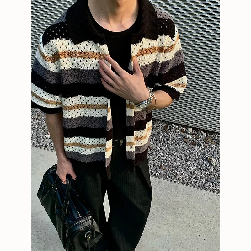 Summer Short Sleeved Shirt Men Fashion Retro Striped Shirt Men Streetwear Korean Loose Hollow Shirt Mens Hawaiian Shirts
Summer Short Sleeved Shirt Men Fashion Retro Striped Shirt Men Streetwear Korean Loose Hollow Shirt Mens Hawaiian Shirts