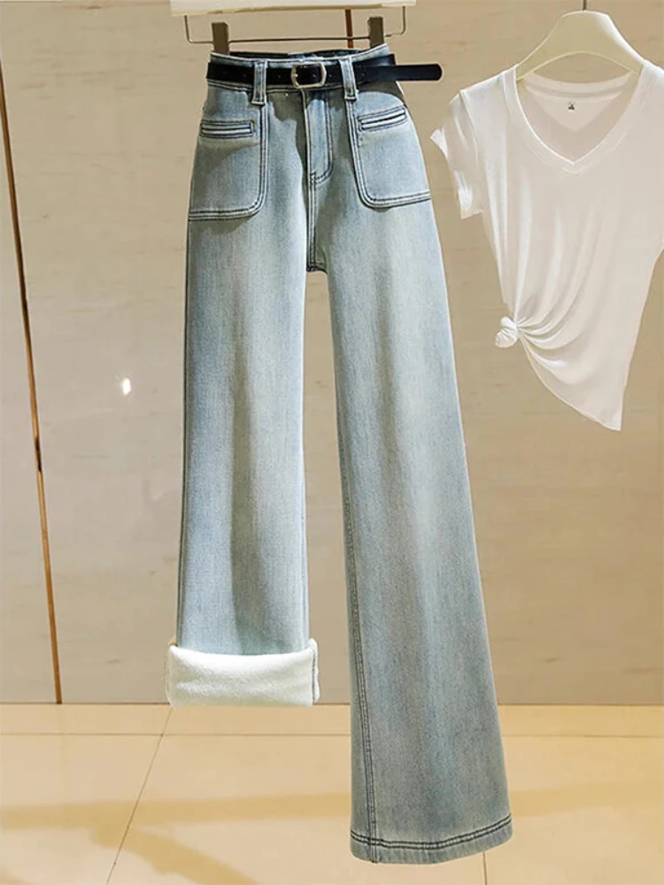 Retro Blue Fleece Lined Straight Leg Distressed Jeans Women's Winter High Waist Slimming Drapey Loose Feel Long Trousers
Retro Blue Fleece Lined Straight Leg Distressed Jeans Women's Winter High Waist Slimming Drapey Loose Feel Long Trousers