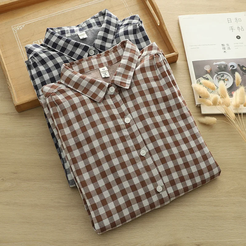 2025 Mori girl spring Japan style casual coffee navy blue white patchwork check blouses 100% cotton yarn vintage plaid shirts
2025 Mori girl spring Japan style casual coffee navy blue white patchwork check blouses 100% cotton yarn vintage plaid shirts