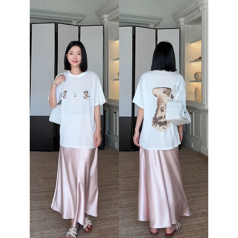Summer Casual Style Women's T-Shirt And Skirt Set round Neck Short Sleeve Pink Satin Fish Tail Half Body Skirt Loose Fit Cotton
Summer Casual Style Women's T-Shirt And Skirt Set round Neck Short Sleeve Pink Satin Fish Tail Half Body Skirt Loose Fit Cotton