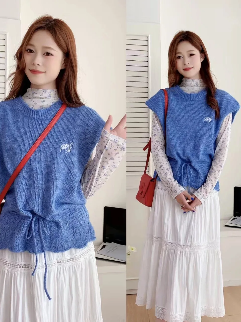 Korean Style High Waist Floral Print Knitted Vest And Skirt Set Women's Fashion Spring Season Blue Drawstring Base Layer
Korean Style High Waist Floral Print Knitted Vest And Skirt Set Women's Fashion Spring Season Blue Drawstring Base Layer