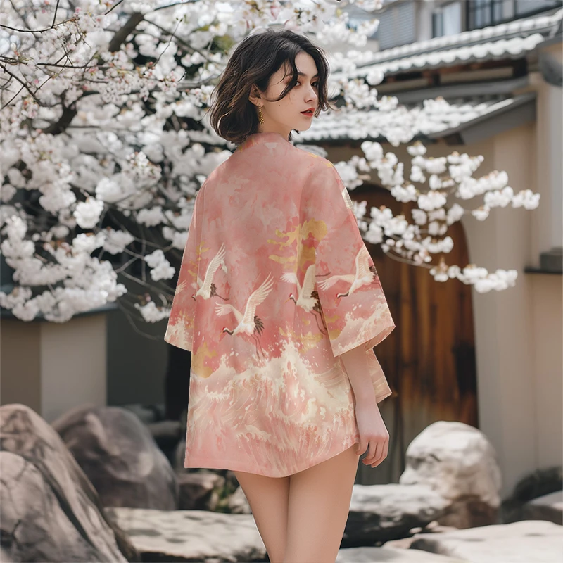 Yukata Harajuku Tops Beach Japanese Style Fashion Vintage Crane Waves Print Kimono Streetwear Men Women Pink Cardigan Haori
Yukata Harajuku Tops Beach Japanese Style Fashion Vintage Crane Waves Print Kimono Streetwear Men Women Pink Cardigan Haori