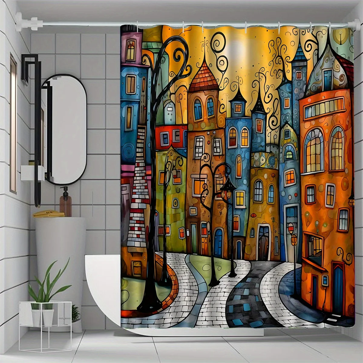 Очаровательная занавеска для душа с городской пейзажем — яркий художественный дизайн с красочными зданиями и теплым закатом, идеально подходит для современного домашнего декора
Очаровательная занавеска для душа с городской пейзажем — яркий художественный дизайн с красочными зданиями и теплым закатом, идеально подходит для современного домашнего декора