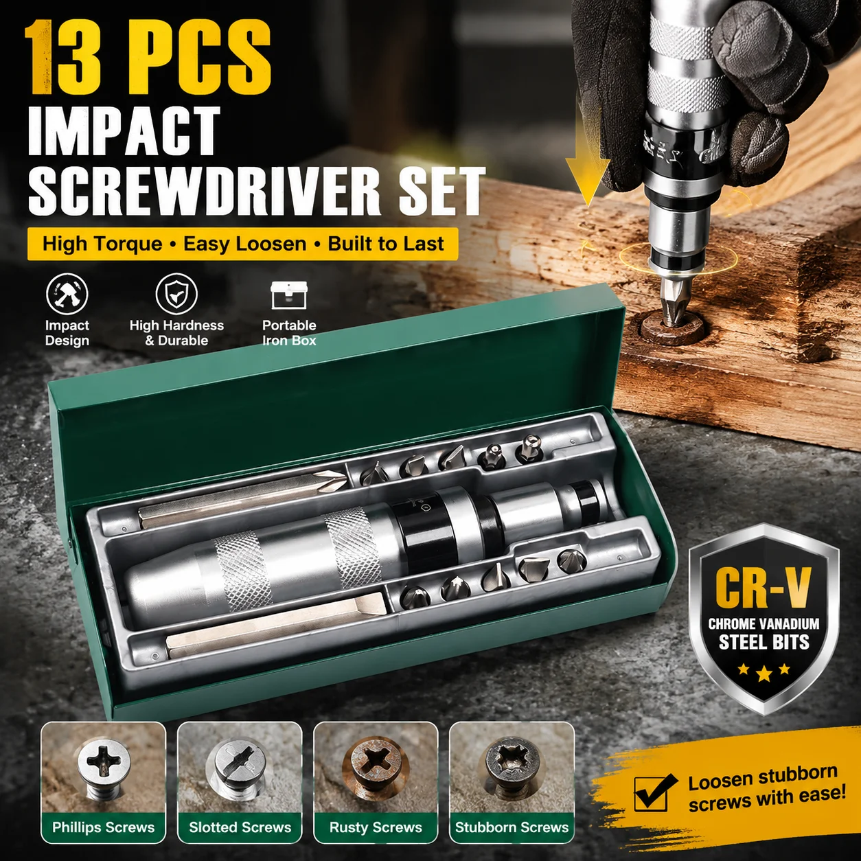 Reversible Impact Driver Set 7/13 Pieces Heavy Duty Bolt Remover Hand Tool for Disengaging Rusted Frozen Fasteners Cr-V Steel
Reversible Impact Driver Set 7/13 Pieces Heavy Duty Bolt Remover Hand Tool for Disengaging Rusted Frozen Fasteners Cr-V Steel