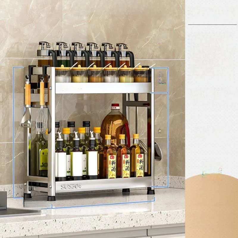 Stainless Steel 304 Kitchen Spice Rack Multi-Function Home Use Salt Storage Shelf Portable Design Cooking Utensil Organizer