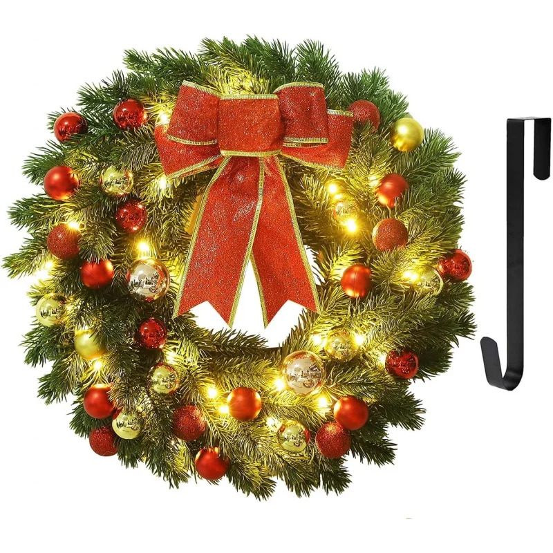 Christmas 40X40cm flower wreath, big red bow and colorful ball strap, warm white LED light, front door lighting decoration
Christmas 40X40cm flower wreath, big red bow and colorful ball strap, warm white LED light, front door lighting decoration