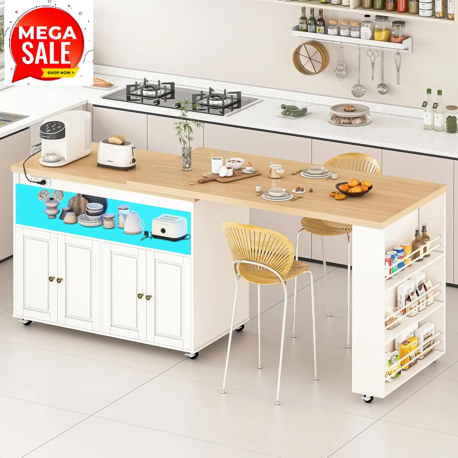 Кухонный островок на колесиках 84 дюйма с поворотным столом, кухонная тележка со светодиодной подсветкой, розеткой, передвижным шкафом для хранения и боковой секцией.
Кухонный островок на колесиках 84 дюйма с поворотным столом, кухонная тележка со светодиодной подсветкой, розеткой, передвижным шкафом для хранения и боковой секцией.