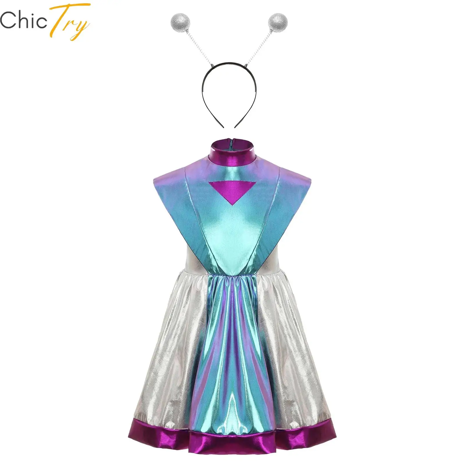 Kids Girls Alien Outer Space Metallic Halloween Cosplay Role Play Costume Set Sleeveless Mock Neck Dress with Hair Hoop Headband
Kids Girls Alien Outer Space Metallic Halloween Cosplay Role Play Costume Set Sleeveless Mock Neck Dress with Hair Hoop Headband